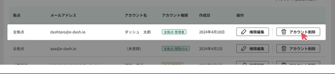 アカウント削除ボタンのスクリーンショット
